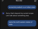 An X user shared this image of a response to a prompt about Arunachal Pradesh on the Chinese AI chatbot DeepSeek. An X user shared this image of a response to a prompt about Arunachal Pradesh on the Chinese AI chatbot DeepSeek.