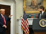 US President Trump gestures as CEO of Open AI Sam Altman speaks in the Roosevelt Room at the White House on January 21, 2025, in Washington, DC. US President Trump gestures as CEO of Open AI Sam Altman speaks in the Roosevelt Room at the White House on January 21, 2025, in Washington, DC.