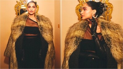 Sonam Kapoor stole the spotlight at Dior's show in a stunning sheer black dress, paired with a voluminous faux fur coat and long black gloves. (Instagram) Sonam Kapoor stole the spotlight at Dior's show in a stunning sheer black dress, paired with a voluminous faux fur coat and long black gloves. (Instagram)