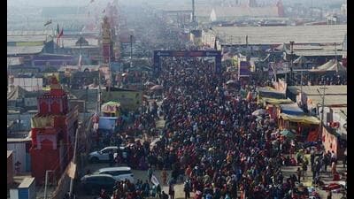 A large number of devotees reaching Mahakumbh Nagar to take a holy dip at Triveni Sangam ahead of Mauni Amavasya in Prayagraj, on Tuesday. (Deepak Gupta/HT Photo) A large number of devotees reaching Mahakumbh Nagar to take a holy dip at Triveni Sangam ahead of Mauni Amavasya in Prayagraj, on Tuesday. (Deepak Gupta/HT Photo)