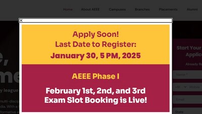 AEEE 2025 registrations will conclude on January 30 at 5 PM. Candidates can apply via the direct link given here. AEEE 2025 registrations will conclude on January 30 at 5 PM. Candidates can apply via the direct link given here.