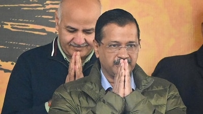 New Delhi, India - Jan. 27, 2025: Aam Aadmi Party National Convener Arvind Kejriwal and Manish Sisodia during release the 15 poll guarantees and 2100 for women ahead of Delhi Assembly elections at AAP office, in New Delhi on Monday (Ajay Aggarwal/Hindustan Times)