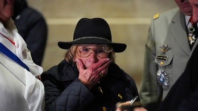 French holocaust survivor and President of the Auschwitz Deportees' Union Arlette Testyler reacted emotionally as she participated in the Rekindling the Flame ceremony at the Tomb of the Unknown Soldier in Paris (Dimitar Dilkoff/AFP) French holocaust survivor and President of the Auschwitz Deportees' Union Arlette Testyler reacted emotionally as she participated in the Rekindling the Flame ceremony at the Tomb of the Unknown Soldier in Paris (Dimitar Dilkoff/AFP)