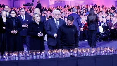 Ukrainian President Volodymyr Zelensky, who is also Jewish, also attended the memorial and placed a votive candle in front of the train car, the symbol of the event, to pay tribute to the victims. (Ludovic Marin/POOL/AFP) Ukrainian President Volodymyr Zelensky, who is also Jewish, also attended the memorial and placed a votive candle in front of the train car, the symbol of the event, to pay tribute to the victims. (Ludovic Marin/POOL/AFP)