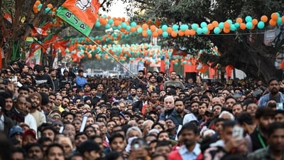 BJP supporters at a rally in New Delhi on Thursday. (Sanchit Khanna/ HT Photo) (Hindustan Times) BJP supporters at a rally in New Delhi on Thursday. (Sanchit Khanna/ HT Photo) (Hindustan Times)