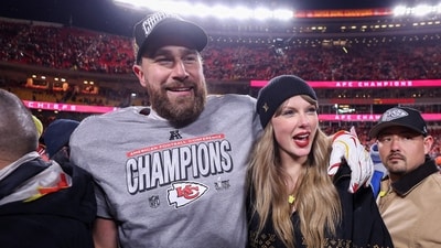 Taylor Swift celebrates with Travis Kelce #87 of the Kansas City Chiefs after defeating the Buffalo Bills 32-29 in the AFC Championship Game at GEHA Field at Arrowhead Stadium on January 26, 2025 in Kansas City, Missouri. (Getty Images via AFP) Taylor Swift celebrates with Travis Kelce #87 of the Kansas City Chiefs after defeating the Buffalo Bills 32-29 in the AFC Championship Game at GEHA Field at Arrowhead Stadium on January 26, 2025 in Kansas City, Missouri. (Getty Images via AFP)