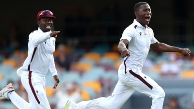 Shamar Joseph (right) celebrates after dismissing Josh Hazlewood of Australia, sealing a famous win for the West Indies in Brisbane. (AFP) Shamar Joseph (right) celebrates after dismissing Josh Hazlewood of Australia, sealing a famous win for the West Indies in Brisbane. (AFP)
