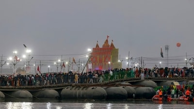 Hindu pilgrims walk on a floating pontoon bridge near Sangam, the confluence of the Ganges, Yamuna and mythical Saraswati rivers, during the ongoing Maha Kumbh Mela festival in Prayagraj. (AFP) Hindu pilgrims walk on a floating pontoon bridge near Sangam, the confluence of the Ganges, Yamuna and mythical Saraswati rivers, during the ongoing Maha Kumbh Mela festival in Prayagraj. (AFP)