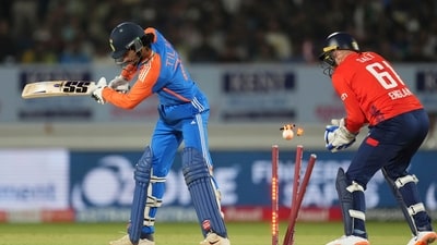 India continued to crumble in the middle overs and went almost eight overs after the powerplay without a boundary. (AP) India continued to crumble in the middle overs and went almost eight overs after the powerplay without a boundary. (AP)