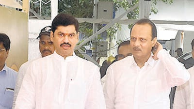 Mumbai, India - June 17, 2019: Dhananjay Munde and Ajit Pawar during the monsoon session at Vidhan Bhavan in Mumbai, India, on Monday, June 17, 2019. (Photo by Anshuman Poyrekar/Hindustan Times) (Anshuman Poyrekar/HT Photo) Mumbai, India - June 17, 2019: Dhananjay Munde and Ajit Pawar during the monsoon session at Vidhan Bhavan in Mumbai, India, on Monday, June 17, 2019. (Photo by Anshuman Poyrekar/Hindustan Times) (Anshuman Poyrekar/HT Photo)
