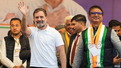 Congress leader Rahul Gandhi with party candidate Anil Chaudhary during a rally for the upcoming Delhi Assembly elections, at Patparganj. (PTI) Congress leader Rahul Gandhi with party candidate Anil Chaudhary during a rally for the upcoming Delhi Assembly elections, at Patparganj. (PTI)