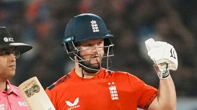 The partnership was broken by Varun Chakravarthy in the ninth over but Duckett went on to score his half-century. He fell in the very next over to Axar Patel on 51 off 28 balls. (PTI) The partnership was broken by Varun Chakravarthy in the ninth over but Duckett went on to score his half-century. He fell in the very next over to Axar Patel on 51 off 28 balls. (PTI)