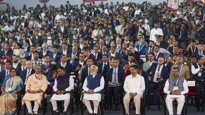 Prime Minister Narendra Modi with Odisha governor Hari Babu Kambhampati, Union ministers Dharmendra Pradhan and Ashwini Vaishnaw, and Odisha chief minister Mohan Charan Majhi during the 'Utkarsh Odisha' - Make in Odisha Conclave, in Bhubaneswar. (PMO/via PTI) Prime Minister Narendra Modi with Odisha governor Hari Babu Kambhampati, Union ministers Dharmendra Pradhan and Ashwini Vaishnaw, and Odisha chief minister Mohan Charan Majhi during the 'Utkarsh Odisha' - Make in Odisha Conclave, in Bhubaneswar. (PMO/via PTI)