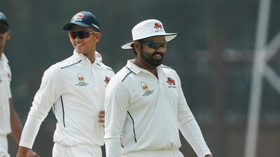 Mumbai's Rohit Sharma with Yashasvi Jaiswal celebrates the wicket of J&K cricketer on the first day of Ranji Trophy cricket match against J&K. (PTI) Mumbai's Rohit Sharma with Yashasvi Jaiswal celebrates the wicket of J&K cricketer on the first day of Ranji Trophy cricket match against J&K. (PTI)