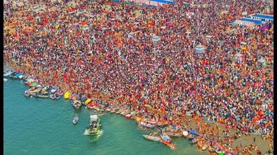 Sea of humanity at Mahakumbh ahead of the second Amrit Snan of Mauni Amavasya in Prayagraj on Tuesday. (Photo: UP Information Dept)