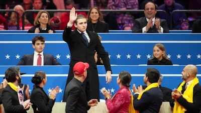 Barron Trump gestures as he is recognized during an indoor inauguration parade at Capital One Arena on January 20, 2025 in Washington, DC. Donald Trump takes office for his second term as the 47th president of the United States. (AFP) Barron Trump gestures as he is recognized during an indoor inauguration parade at Capital One Arena on January 20, 2025 in Washington, DC. Donald Trump takes office for his second term as the 47th president of the United States. (AFP)