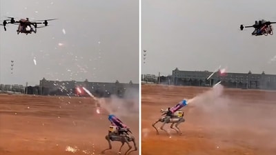 A robot dog and a drone fighting each other. (Screengrab (Rednote)) A robot dog and a drone fighting each other. (Screengrab (Rednote))