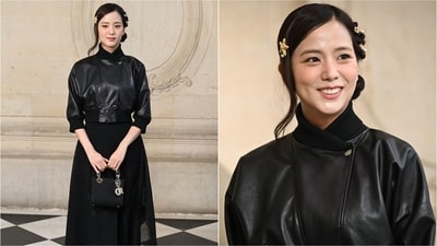 Blackpink’s Jisoo exudes a coquettish charm with bow barrettes, a black dress, leather jacket, and a sheer skirt, completing a chic and edgy look. (AP) Blackpink’s Jisoo exudes a coquettish charm with bow barrettes, a black dress, leather jacket, and a sheer skirt, completing a chic and edgy look. (AP)