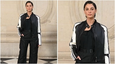 Naomi Scott looks chic in a black top tucked into cargo pants, with a black and white leather jacket adding the perfect glam touch to her look. (AP photo) Naomi Scott looks chic in a black top tucked into cargo pants, with a black and white leather jacket adding the perfect glam touch to her look. (AP photo)
