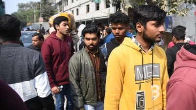 Candidates outside the exam centre after appearing for JEE Main exam Shift 1 today. (Santosh Kumar ) Candidates outside the exam centre after appearing for JEE Main exam Shift 1 today. (Santosh Kumar )
