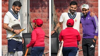 Virat Kohli meets old Shevez and his son Kabir during Ranji Trophy practice Virat Kohli meets old Shevez and his son Kabir during Ranji Trophy practice