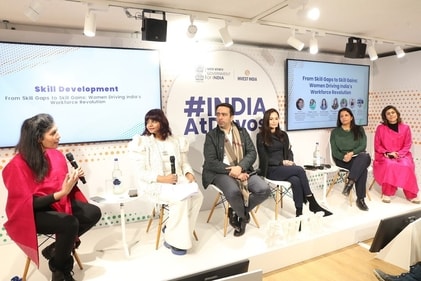 Women Inspiring Network (WIN) x Invest India panel at Davos 2025- Stuti Jalan, Founder, Women Inspiring Network (WIN), Jayant Chaudhary, Union Minister of State (Independent Charge) for Skill Development and Entrepreneurship, Shallu Jindal, Chairperson, Jindal Foundation & Chancellor, OP Jindal University. Archna Vyas, Director, Bill & Melinda Gates Foundation, Shailja Mehta, Director, Dasra and Ajaita Shah, Founder & CEO, Frontier Markets.