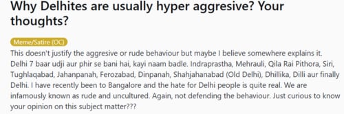 A Reddit post on Delhi and Bengaluru. (Screengrab (Reddit)) A Reddit post on Delhi and Bengaluru. (Screengrab (Reddit))