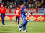 India's Hardik Pandya walks back to the pavillion after being dismissed by England's Jamie Overton during the 3rd T20I, at Niranjan Shah Stadium in Rajkot. India's Hardik Pandya walks back to the pavillion after being dismissed by England's Jamie Overton during the 3rd T20I, at Niranjan Shah Stadium in Rajkot.
