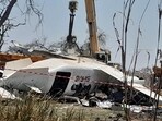 The wreckage of a plane that crashed, killing people as it was heading to the capital Juba, at the Unity oilfield airport, Unity State, South Sudan, January 29, 2025.