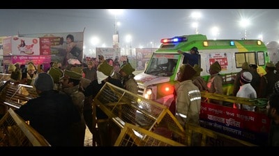 An ambulance makes its way to the site of the incident at the Mahakumbh on Wednesday (Anil Kumar Maurya/HT) An ambulance makes its way to the site of the incident at the Mahakumbh on Wednesday (Anil Kumar Maurya/HT)