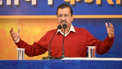 New Delhi, India - Jan. 28, 2025: Aam Aadmi Party National Convener Arvind Kejriwal addressing a press conference at AAP Office, in New Delhi, India, on Tuesday, January 28, 2025. (Photo by Ajay Aggarwal/ Hindustan Times) (Hindustan Times) New Delhi, India - Jan. 28, 2025: Aam Aadmi Party National Convener Arvind Kejriwal addressing a press conference at AAP Office, in New Delhi, India, on Tuesday, January 28, 2025. (Photo by Ajay Aggarwal/ Hindustan Times) (Hindustan Times)
