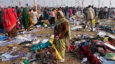 Belongings of devotees seen lying at the Sangam following a stampede on 'Mauni Amavasya', during the ongoing Maha Kumbh Mela, in Prayagraj, Wednesday. (PTI)