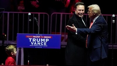 File Photo: Then US President-elect Donald Trump greets Tesla CEO and X owner Elon Musk during a rally the day before Trump is scheduled to be inaugurated for a second term, in Washington, U.S., January 19, 2025. (REUTERS)
