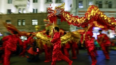 Participants perform a dragon dance during the celebration on the eve of the Lunar New Year, in Moscow, Russia January 28. The festival marks the end of winter and the beginning of spring. Lasting 15 days, the Lunar New Year ends with the Lantern Festival, also known as the Chinese Valentine's Day. (REUTERS)