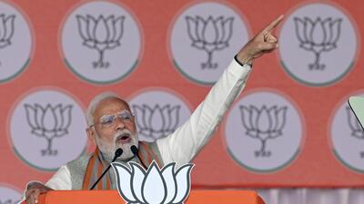 Prime Minister Narendra Modi addresses a public meeting ahead of the Delhi Assembly elections, at Yamuna Khadar, Ghonda, in New Delhi, India, on Wednesday. (Sanjeev Verma/HT )