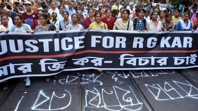 Junior doctors and others take out a protest march demanding justice for the victim of the RG Kar Medical College and Hospital incident, in Kolkata on Saturday. (Utpal Sarkar) Junior doctors and others take out a protest march demanding justice for the victim of the RG Kar Medical College and Hospital incident, in Kolkata on Saturday. (Utpal Sarkar)