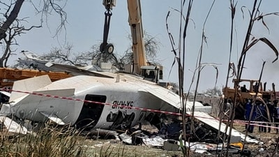 The wreckage of a plane that crashed, killing people as it was heading to the capital Juba, at the Unity oilfield airport, Unity State, South Sudan, January 29, 2025. (REUTERS)