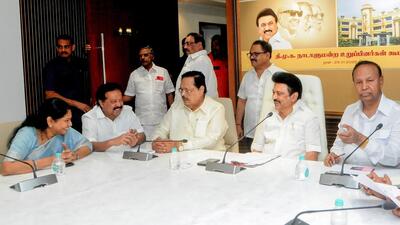 Tamil Nadu chief minister MK Stalin, state water resources minister Thiru Duraimurugan, party MPs TR Baalu, Kanimozhi Karunanidhi and others attend Dravida Munnetra Kazhagam (DMK) MPs meeting at party headquarters in Chennai on Wednesday. (ANI)