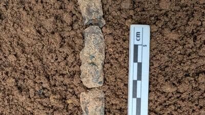 The iron knife was found at a shallow depth of 257 cm from one of the trenches dug at Marungur archaeological site (HT Photo) The iron knife was found at a shallow depth of 257 cm from one of the trenches dug at Marungur archaeological site (HT Photo)