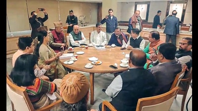 The joint parliamentary committee members on the Waqf (Amendment) Bill, 2024 interact with committee chairman and BJP MP Jagdambika Pal, in New Delhi on Wednesday. (ANI) The joint parliamentary committee members on the Waqf (Amendment) Bill, 2024 interact with committee chairman and BJP MP Jagdambika Pal, in New Delhi on Wednesday. (ANI)