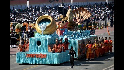 UP’s tableau was named “Mahakumbh 2025 - Swarnim Bharat: Virasat aur Vikas”. (AFP) UP’s tableau was named “Mahakumbh 2025 - Swarnim Bharat: Virasat aur Vikas”. (AFP)