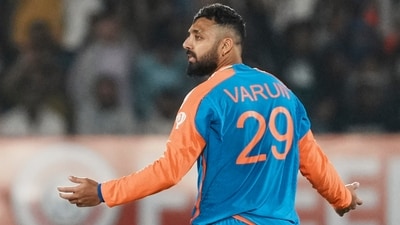India's Varun Chakravarthy celebrates the wicket during the third T20 cricket match between India and England at the Niranjan Shah Stadium in Rajkot. (PTI) India's Varun Chakravarthy celebrates the wicket during the third T20 cricket match between India and England at the Niranjan Shah Stadium in Rajkot. (PTI)