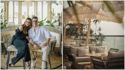 Amrita Arora and her husband Shakeel Ladak pose inside their restaurant in Goa.
