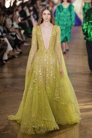 A model in a creation by Georges Hobeika during the runway presentation. A model in a creation by Georges Hobeika during the runway presentation.