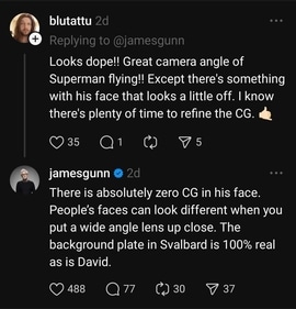 James Gunn's response to fan on Superman teaser.