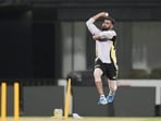 India's Mohammed Shami attends a practice session.