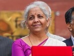 Union Finance Minister Nirmala Sitharaman displays a red pouch carrying the Budget documents outside the Finance Ministry in North Block before leaving for the Parliament where she will table the Union Budget 2024-25, in New Delhi, (File image)