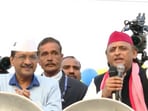 AAP chief Arvind Kejriwal alongside Samajwadi Party chief Akhilesh Yadav at poll rally in Delhi's Kirari on Thursday AAP chief Arvind Kejriwal alongside Samajwadi Party chief Akhilesh Yadav at poll rally in Delhi's Kirari on Thursday