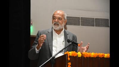 Adil Zainulbhai, chairperson of capacity building commission, Government of India, delivering a lecture at PU on Thursday. (HT Photo) Adil Zainulbhai, chairperson of capacity building commission, Government of India, delivering a lecture at PU on Thursday. (HT Photo)