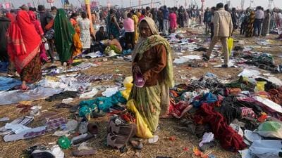 Belongings of devotees seen lying at the Sangam following a stampede on 'Mauni Amavasya' during the Maha Kumbh in Prayagraj on January 29, 2025. (PTI Photo) Belongings of devotees seen lying at the Sangam following a stampede on 'Mauni Amavasya' during the Maha Kumbh in Prayagraj on January 29, 2025. (PTI Photo)